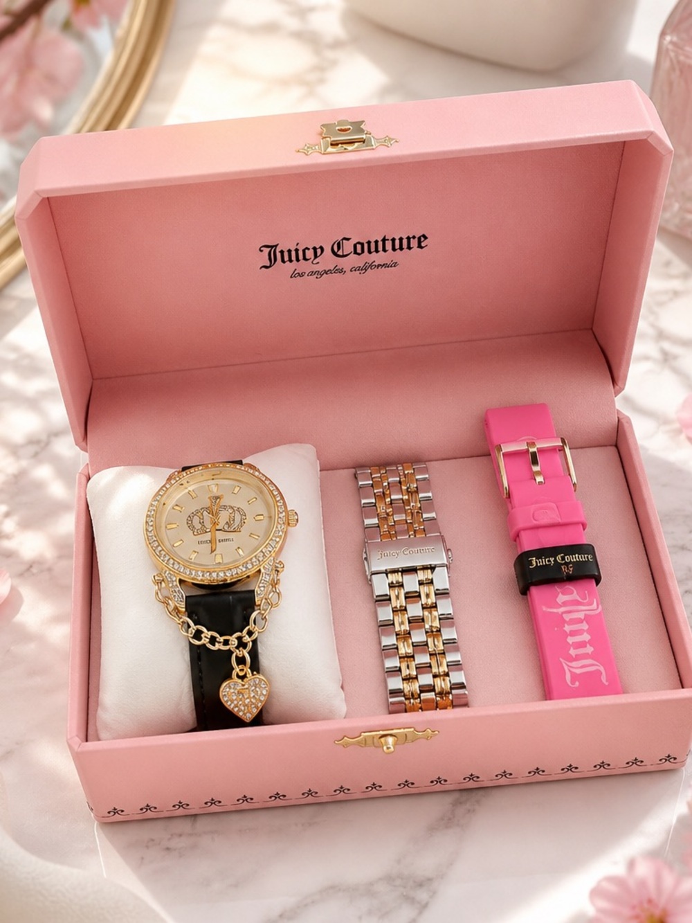 Juicy Couture Gold Tone Watch Gift Set Black & Pink Straps New